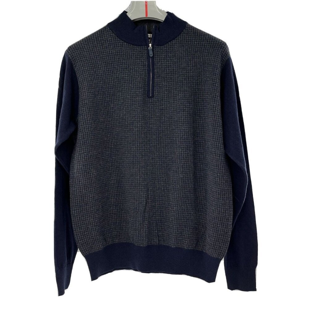 Peter Millar Merino Wool Blend 1/4 Zip Sweater Blue and Gray Check Men's L